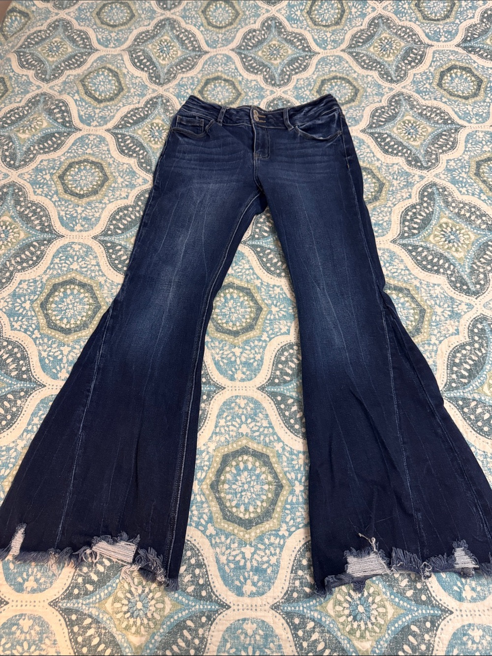 KanCan Dark Indigo Flare Jeans with Frayed Hem - Picture 2 of 2
